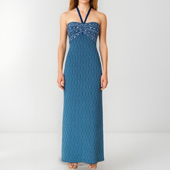 Hale Bob Y2K Halter Maxi Dress Womens M Blue Metallic Silver Mermaid Boho Beachy - Picture 1 of 12